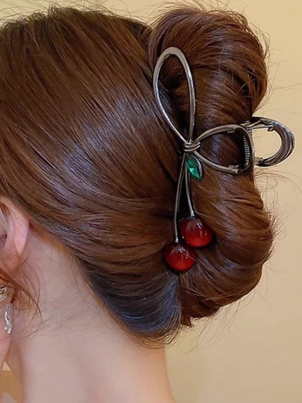 Chrome Hair Claw With Cherry Accent and Green Gemstone. Hair Accessories